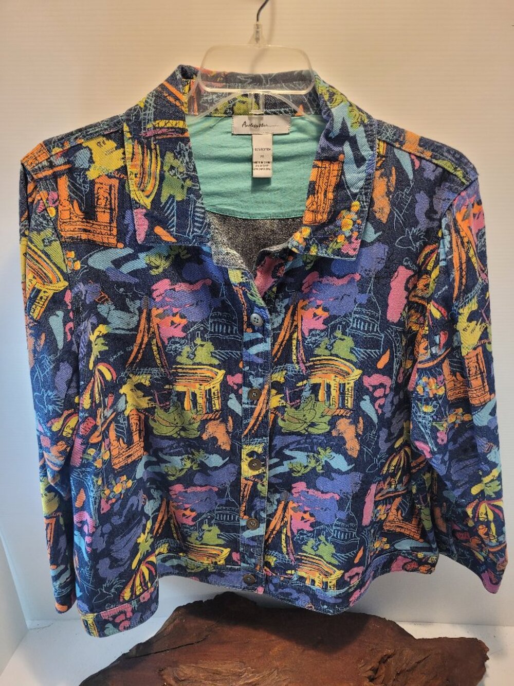 VTG Lanscape Print Bold Colors Denim Jacket Analogy Plus 2X